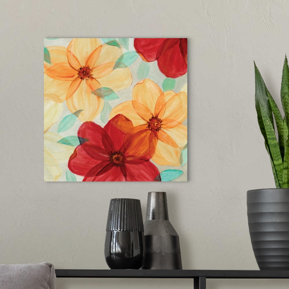 A modern room featuring Watercolor artwork of flowers in sunny shades of red and orange.