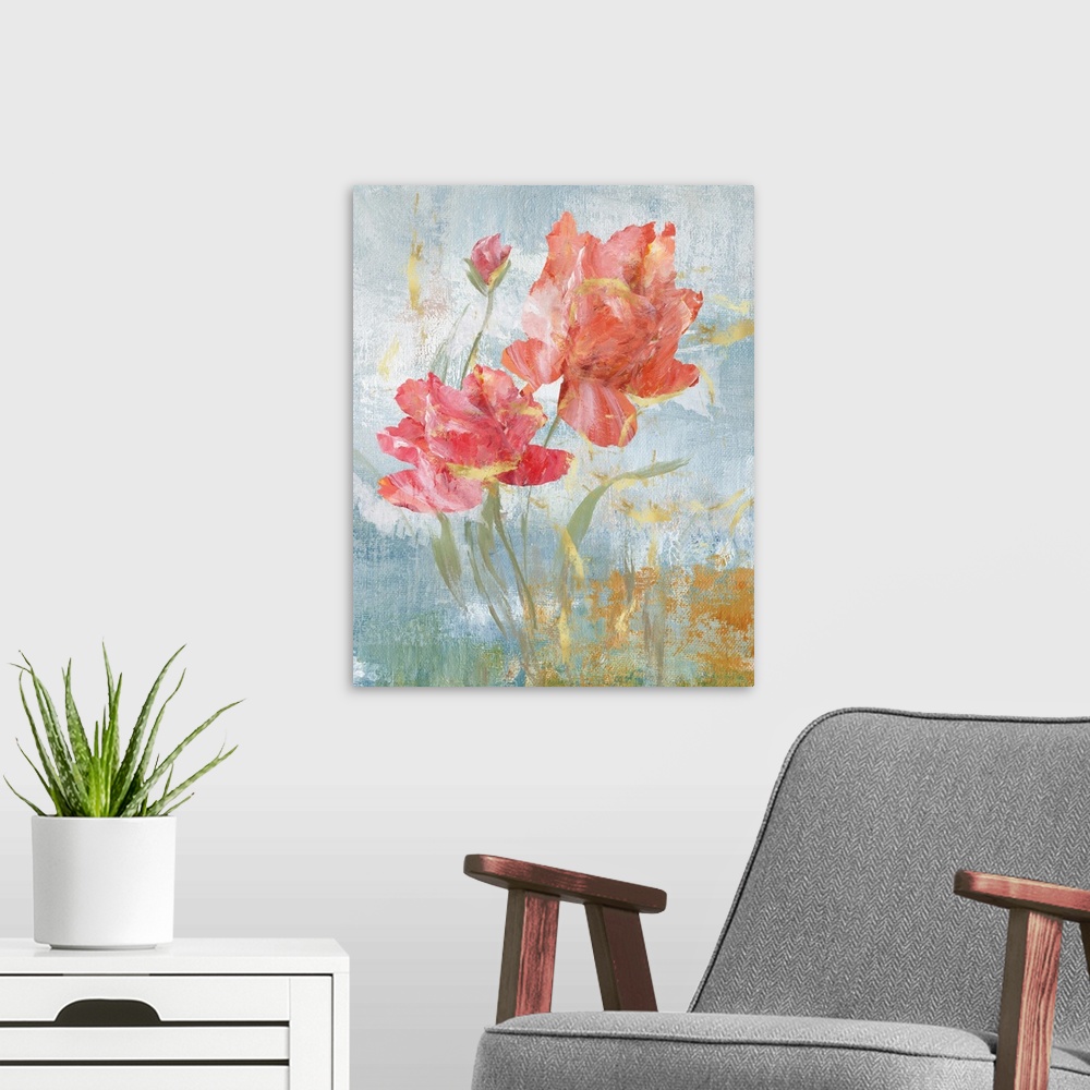 A modern room featuring Large contemporary abstract painting of pink flowers on a blue background with gold highlights an...