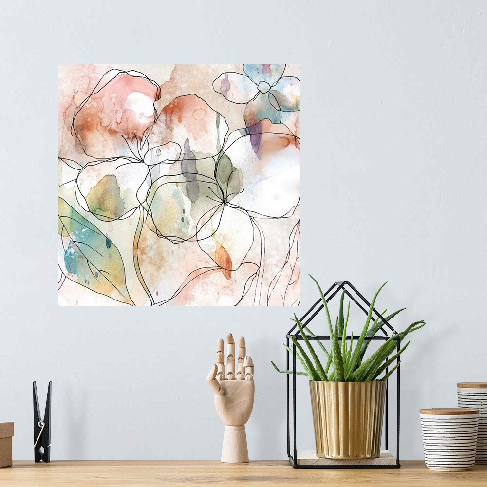 A bohemian room featuring Abstract floral decor with black outlines of flowers on a multi-colored watercolor background.