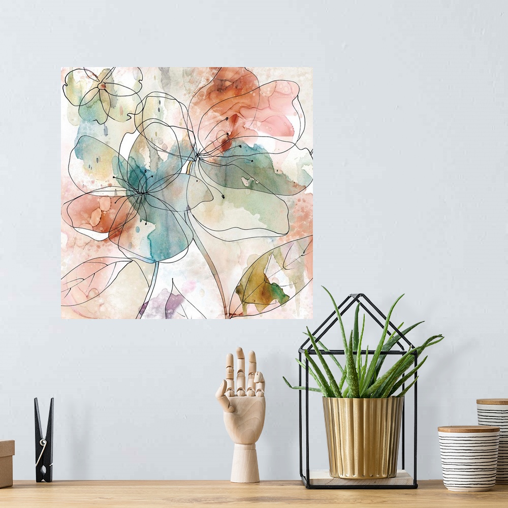 A bohemian room featuring Abstract floral decor with black outlines of flowers on a multi-colored watercolor background.