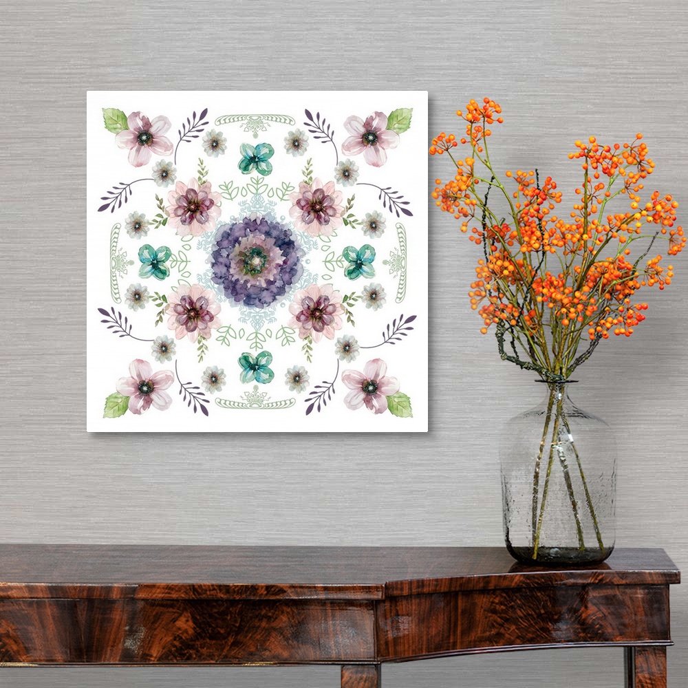 A traditional room featuring Kaleidoscopic artwork made with watercolor florals and leaves.