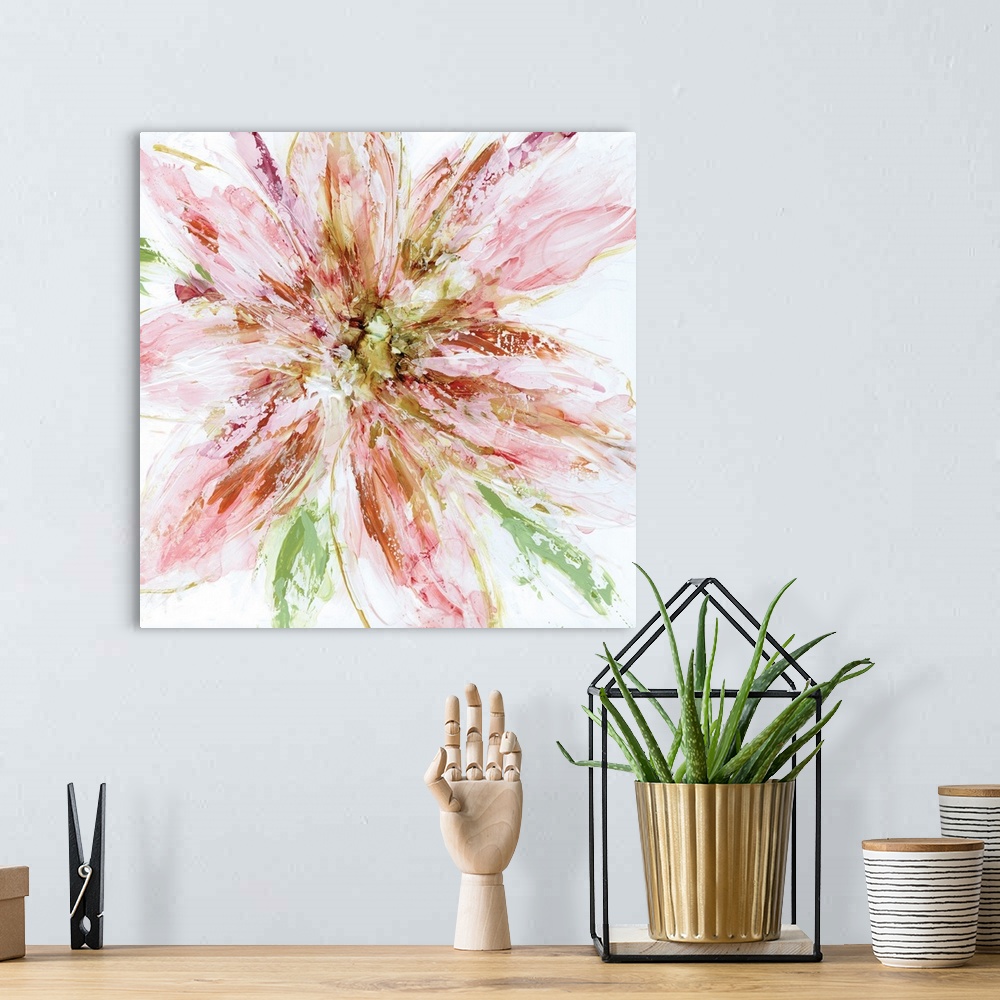 A bohemian room featuring Square painting of a textured abstract flower in warm shades of pink, orange, yellow, and red wit...