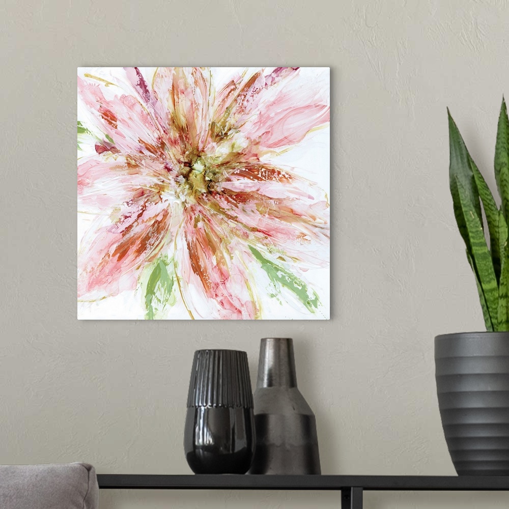 A modern room featuring Square painting of a textured abstract flower in warm shades of pink, orange, yellow, and red wit...