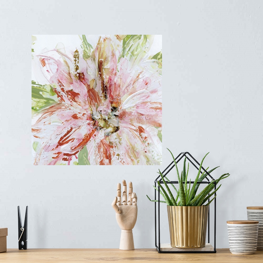 A bohemian room featuring Square painting of a textured abstract flower in warm shades of pink, orange, yellow, and red wit...