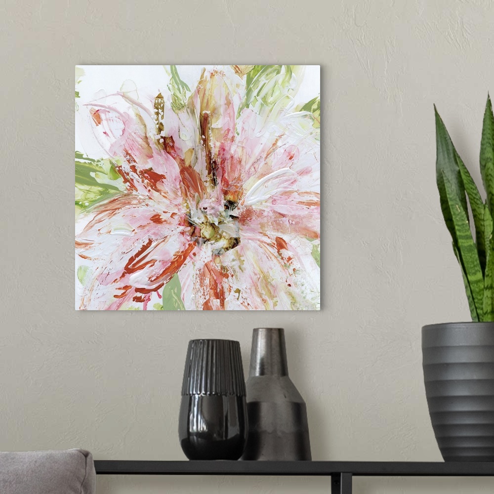 A modern room featuring Square painting of a textured abstract flower in warm shades of pink, orange, yellow, and red wit...