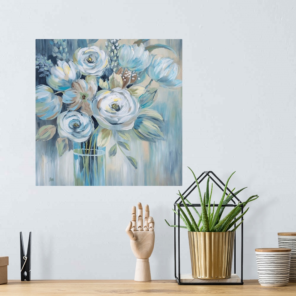A bohemian room featuring Contemporary painting of blue flowers in a glass vase.