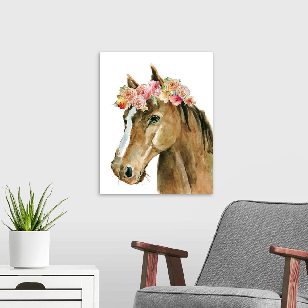 A modern room featuring Flower Crown Horse