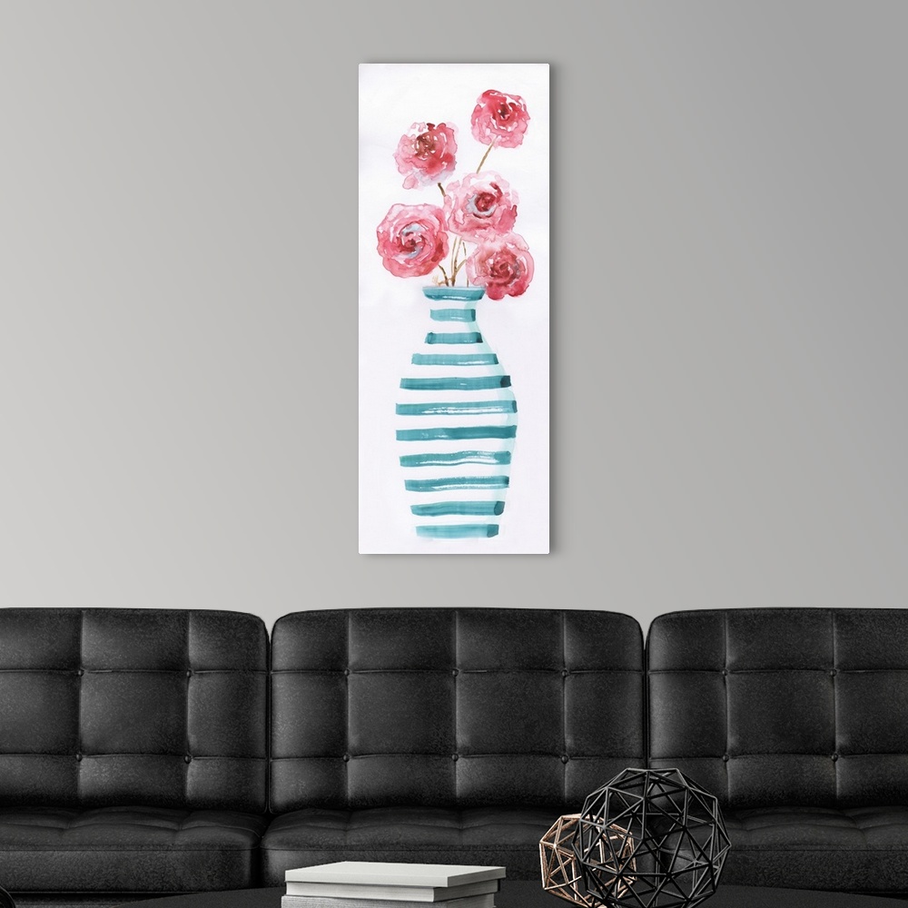A modern room featuring Large panel watercolor painting of pink flowers arranged in a blue and white striped vase on a so...