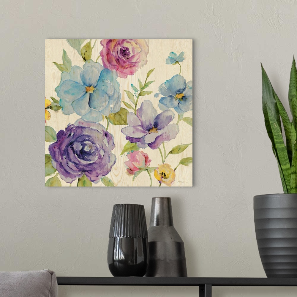 A modern room featuring A watercolor painting of different colored flowers on a light wooden background.