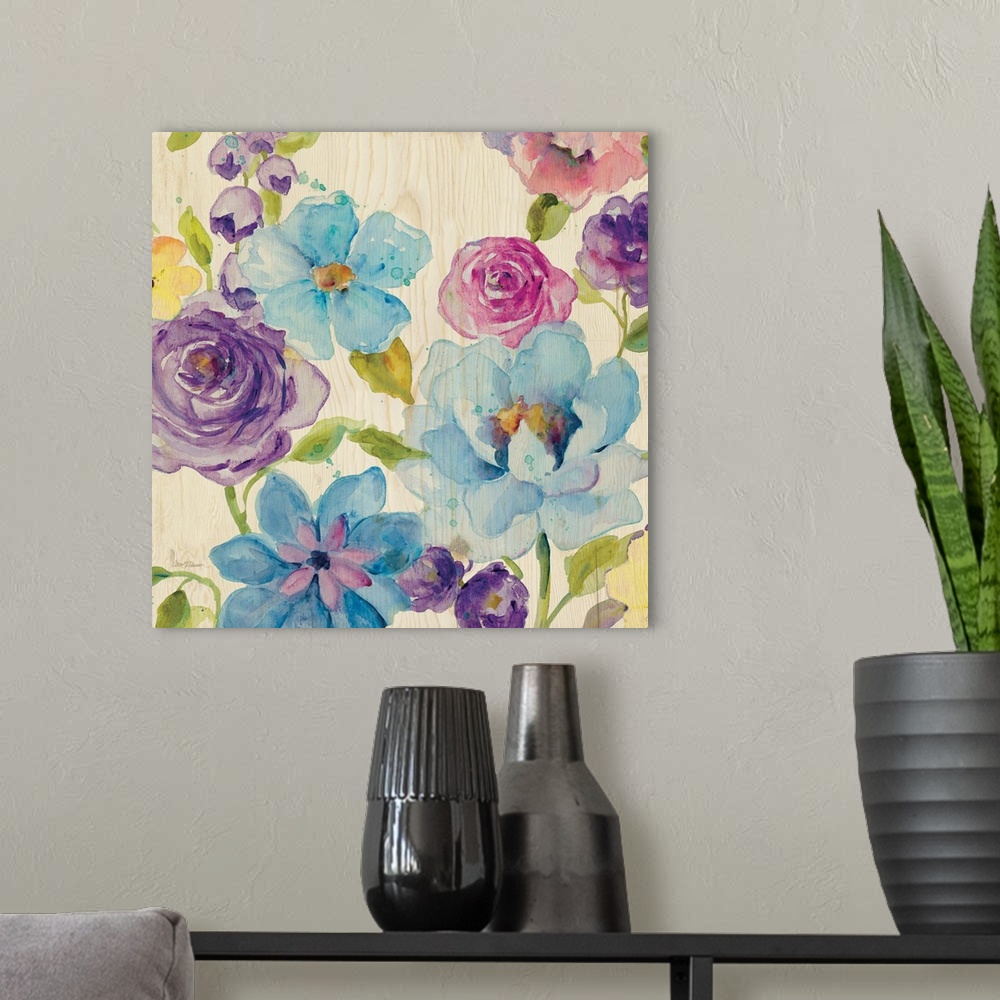 A modern room featuring A watercolor painting of different colored flowers on a light wooden background.