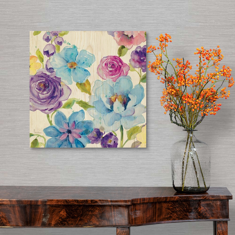 A traditional room featuring A watercolor painting of different colored flowers on a light wooden background.