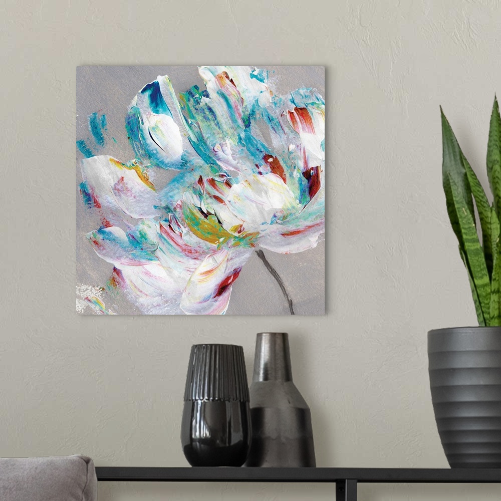 A modern room featuring Square abstract painting of a colorful flower on a grey background.