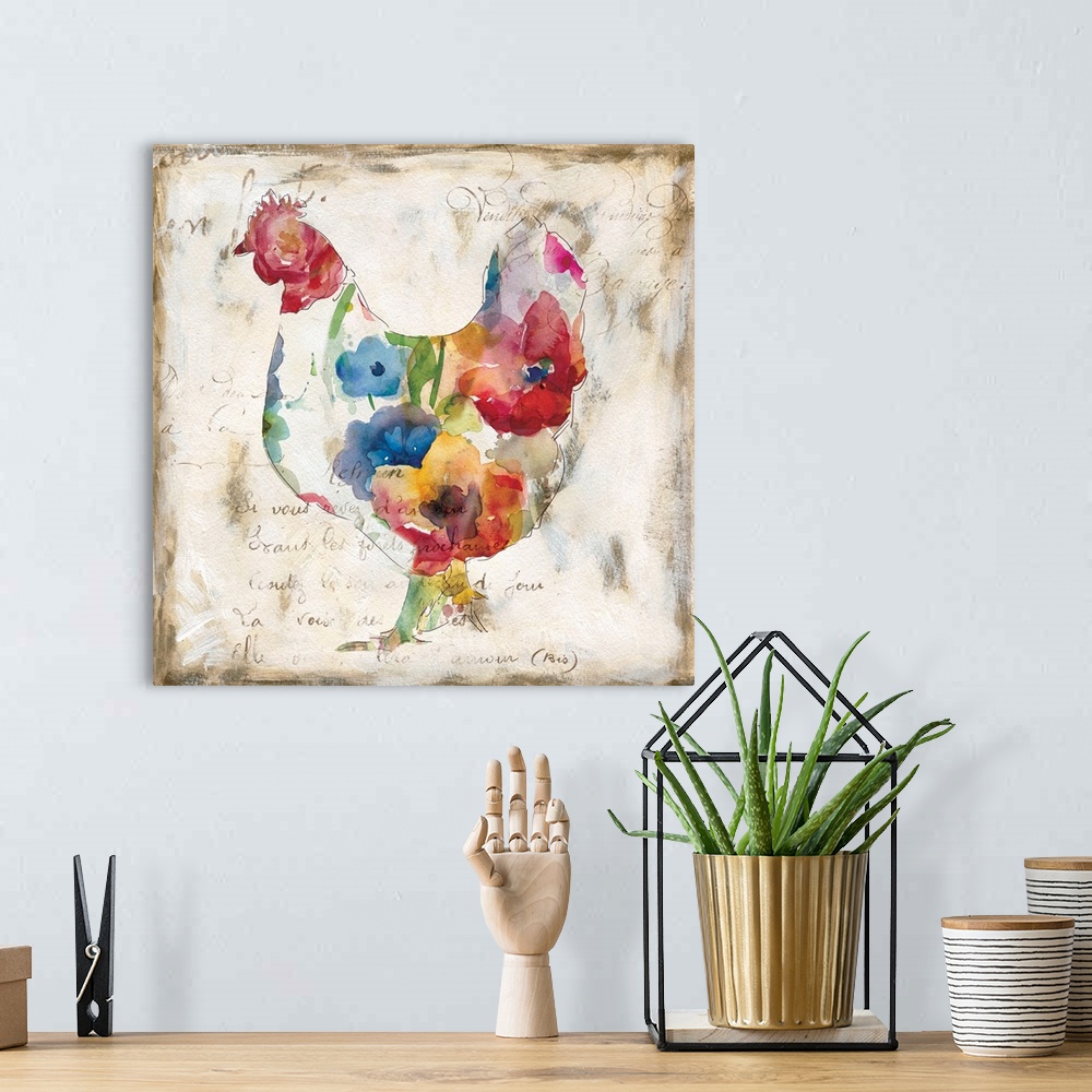 A bohemian room featuring Square decorative artwork of a chicken with a floral pattern against of aged, beige background wi...