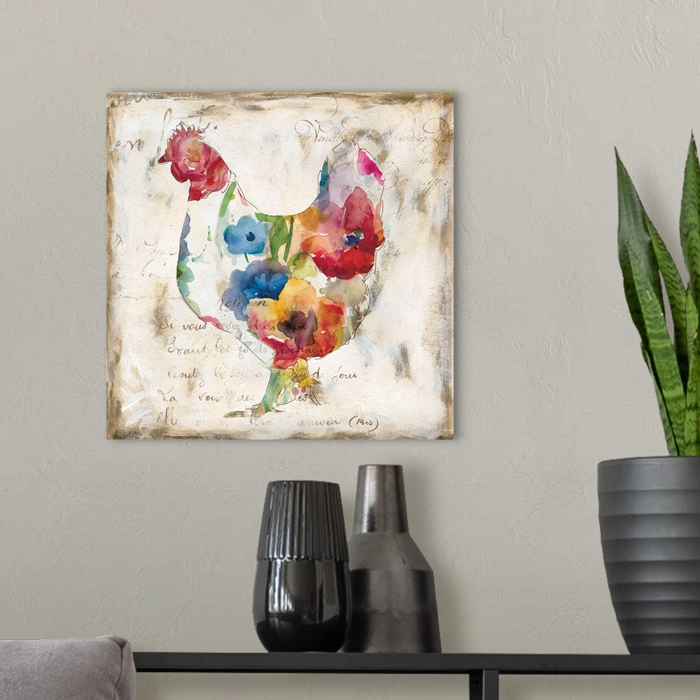 A modern room featuring Square decorative artwork of a chicken with a floral pattern against of aged, beige background wi...