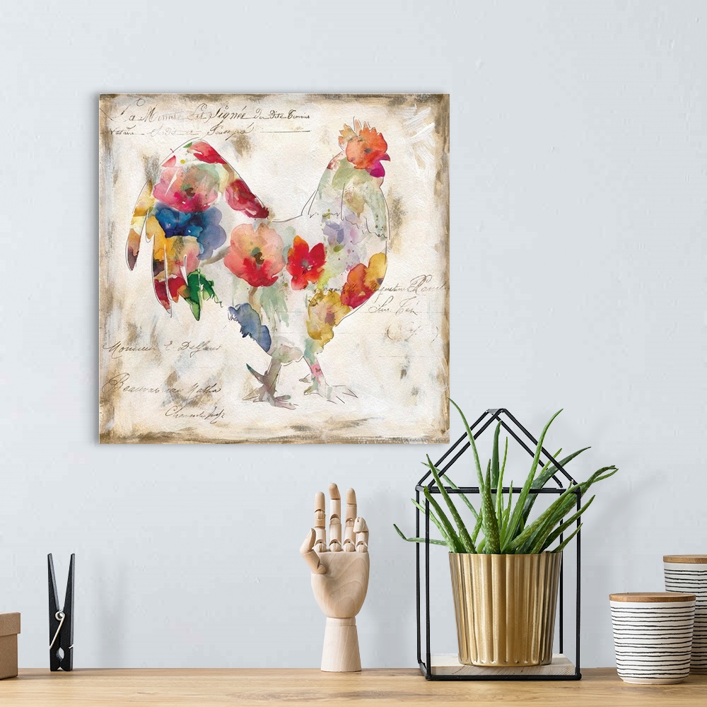 A bohemian room featuring Square decorative artwork of a rooster with a floral pattern against of aged, beige background wi...