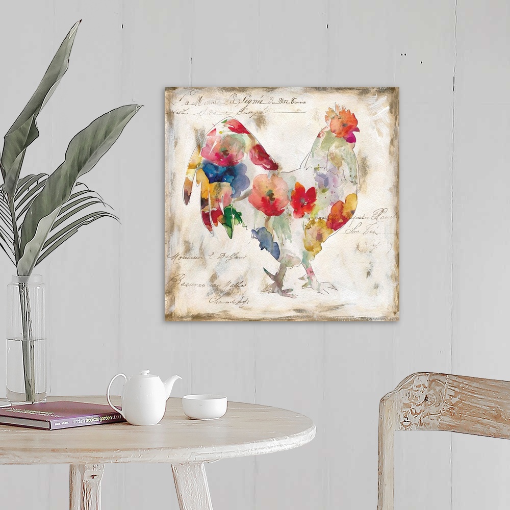 A farmhouse room featuring Square decorative artwork of a rooster with a floral pattern against of aged, beige background wi...