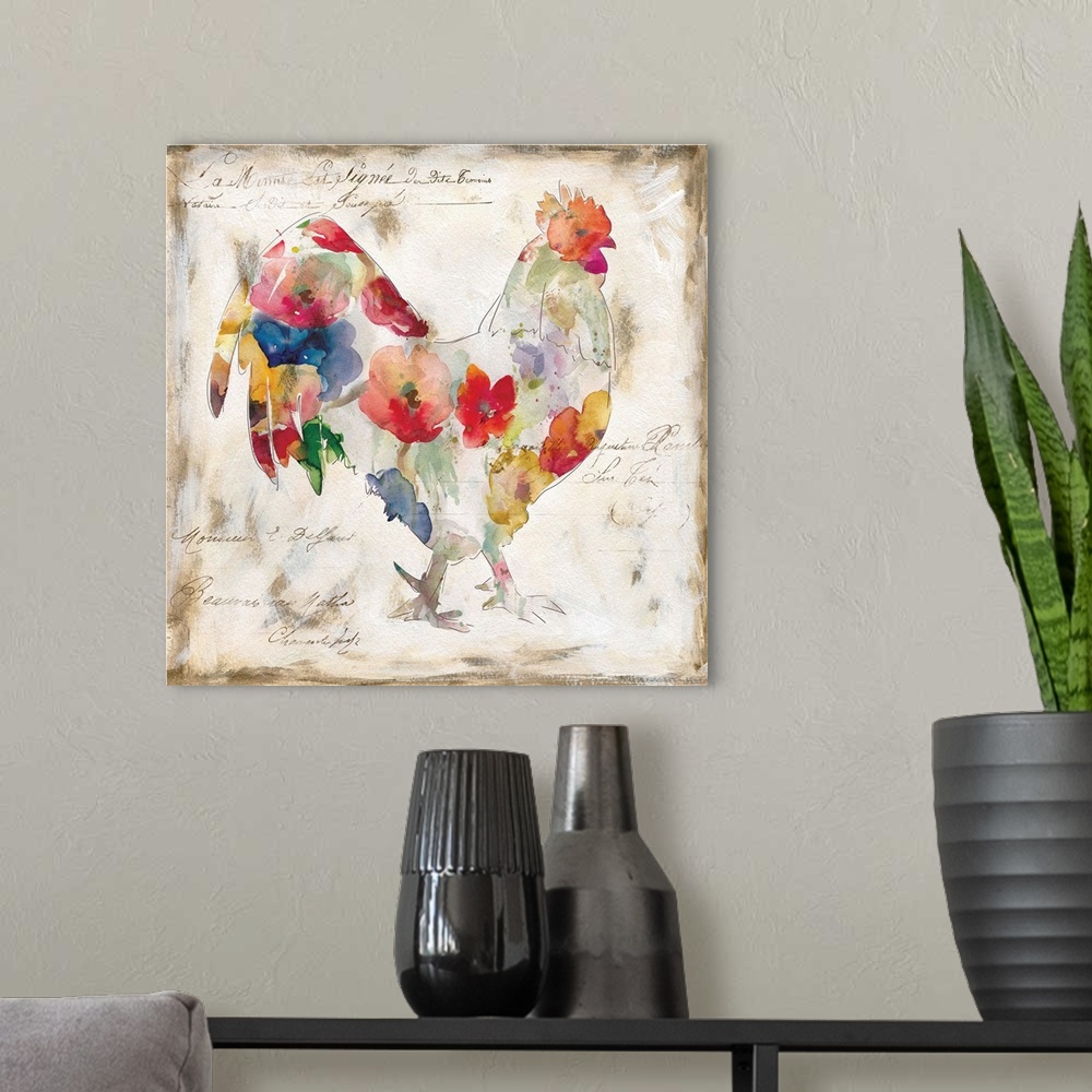 A modern room featuring Square decorative artwork of a rooster with a floral pattern against of aged, beige background wi...