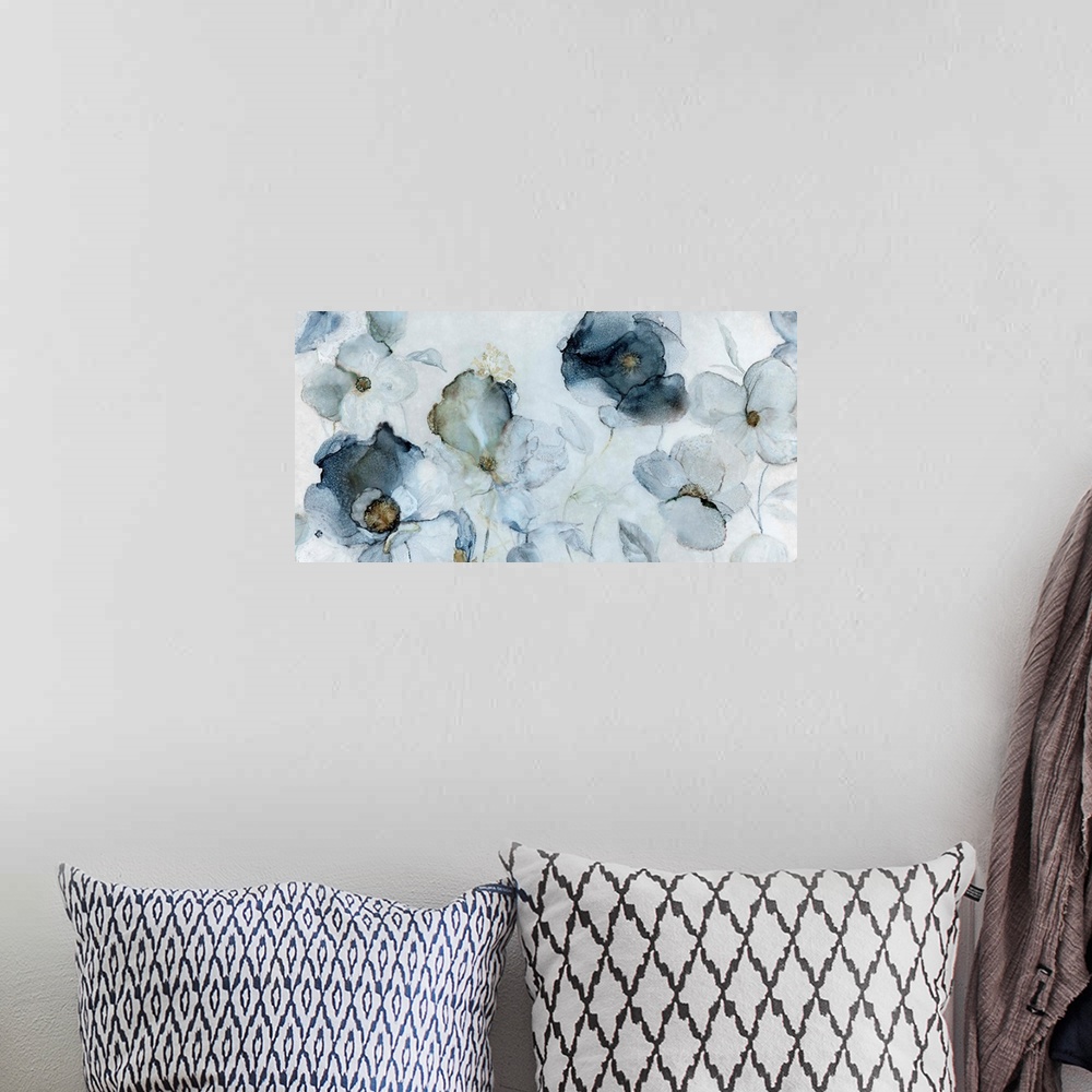 A bohemian room featuring Large contemporary painting of indigo flowers.