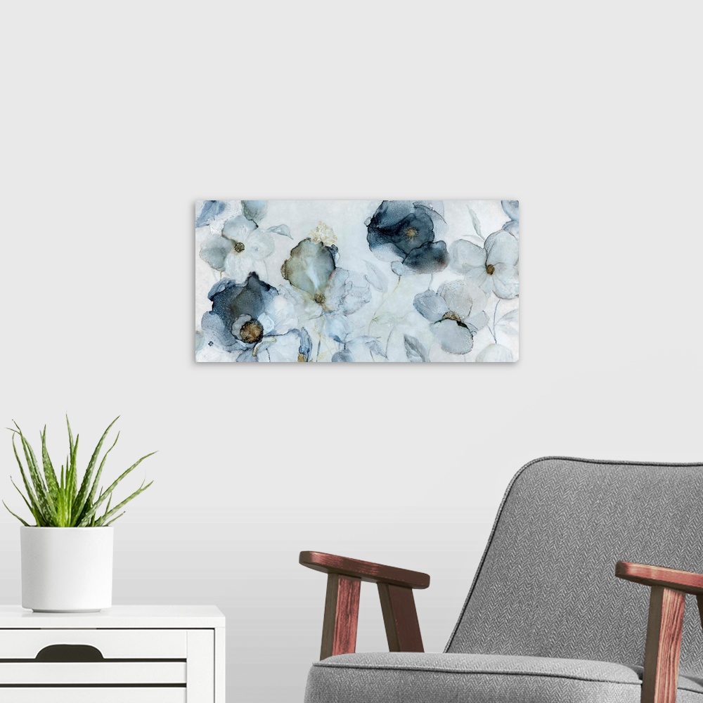 A modern room featuring Large contemporary painting of indigo flowers.