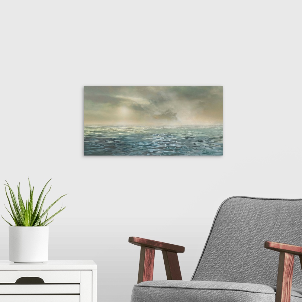 A modern room featuring Threads of color neighboring one another to create a calm ocean with a wistful sky.