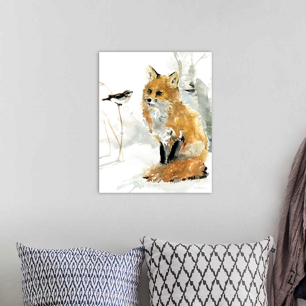 A bohemian room featuring Contemporary watercolor painting of a fox watching a bird perched on a branch.