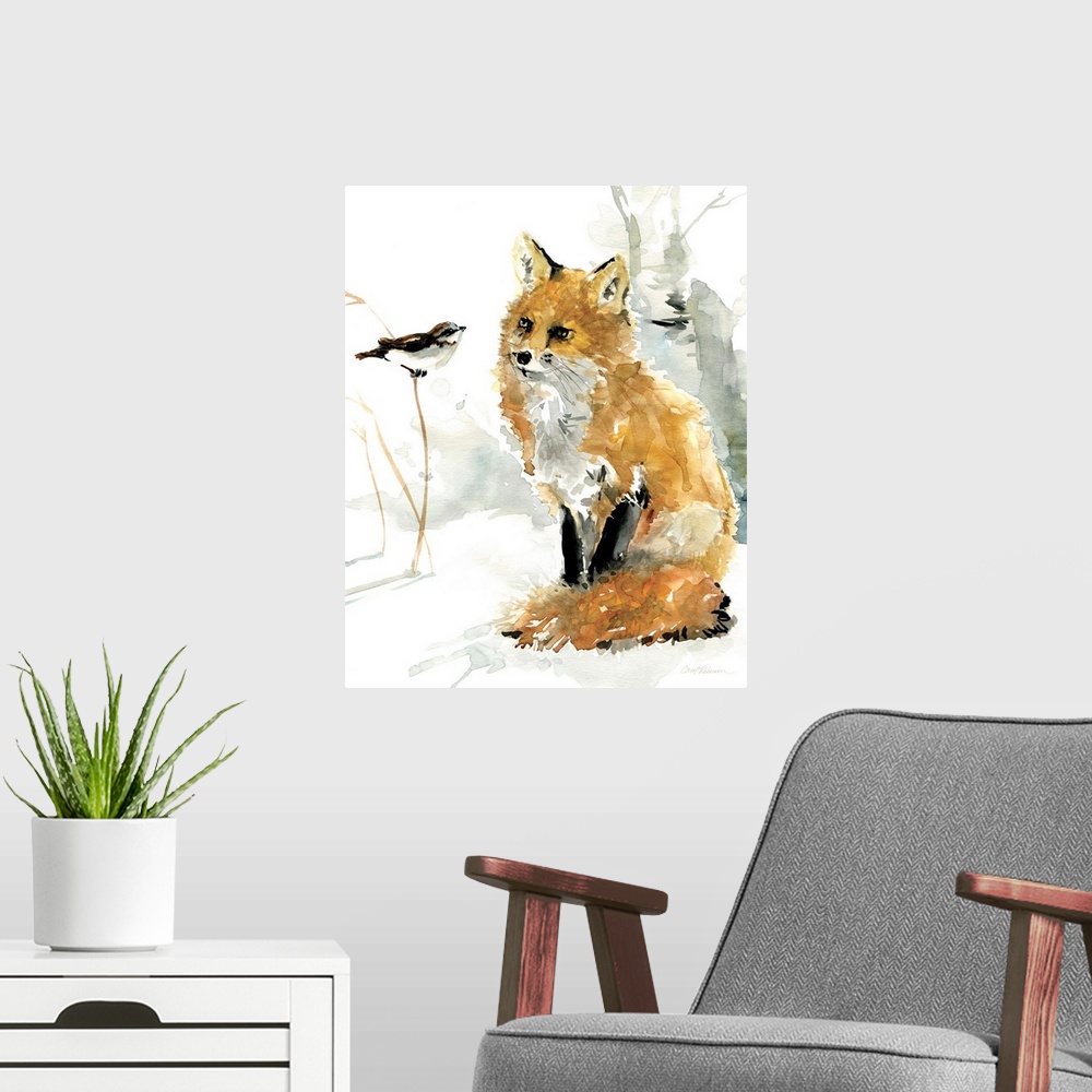 A modern room featuring Contemporary watercolor painting of a fox watching a bird perched on a branch.