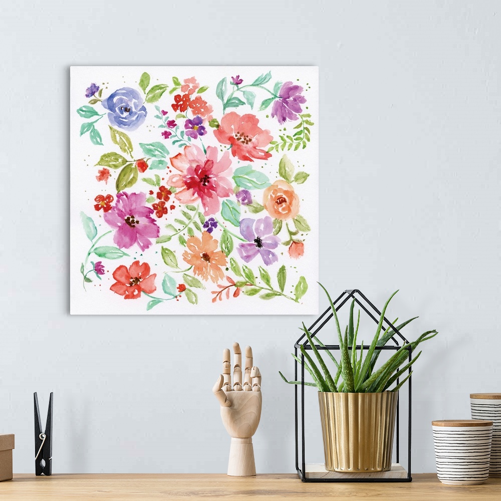 A bohemian room featuring Square watercolor painting of bright and colorful flowers on a white background.