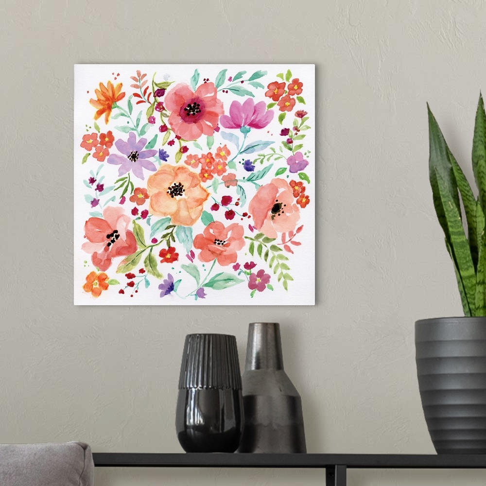 A modern room featuring Square watercolor painting of bright and colorful flowers on a white background.