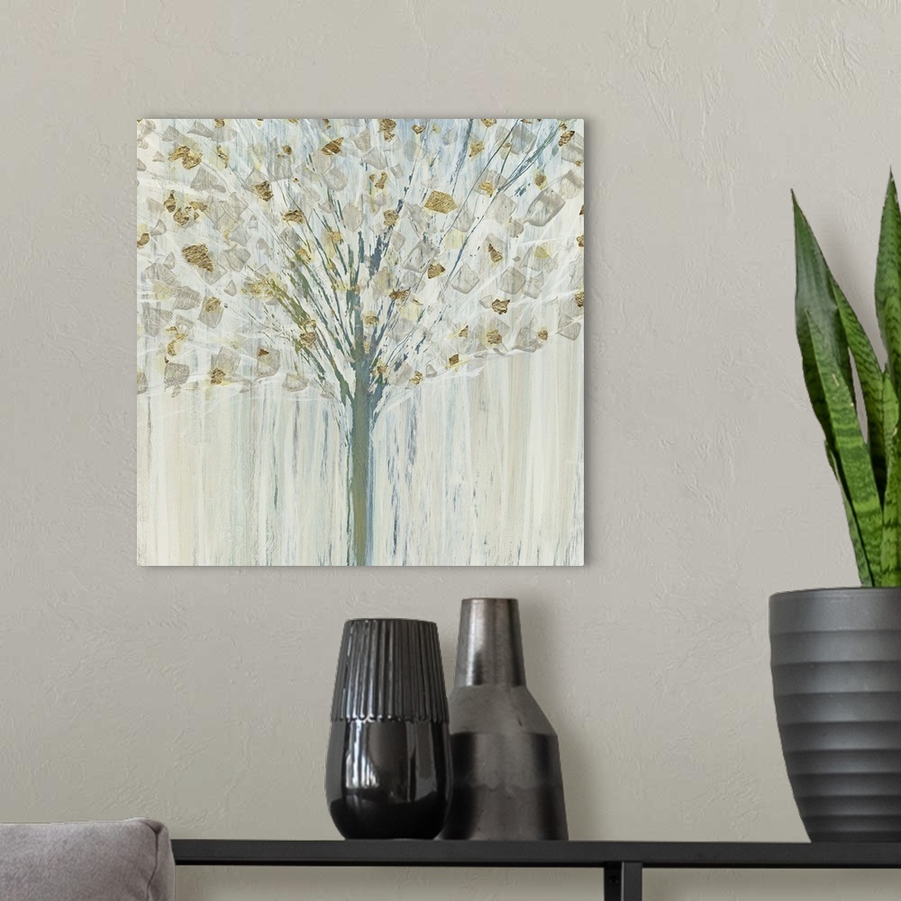 A modern room featuring A contemporary abstract painting of a winter tree with small silver and gold brushstrokes resembl...