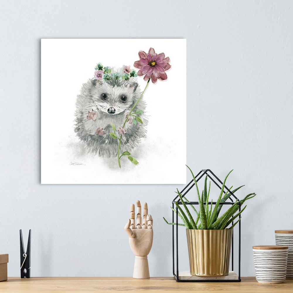 A bohemian room featuring A watercolor painting of a garden hedgehog wearing a flower crown and holding a long stemmed pink...