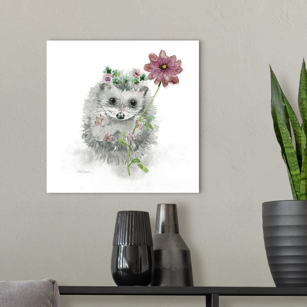 A modern room featuring A watercolor painting of a garden hedgehog wearing a flower crown and holding a long stemmed pink...