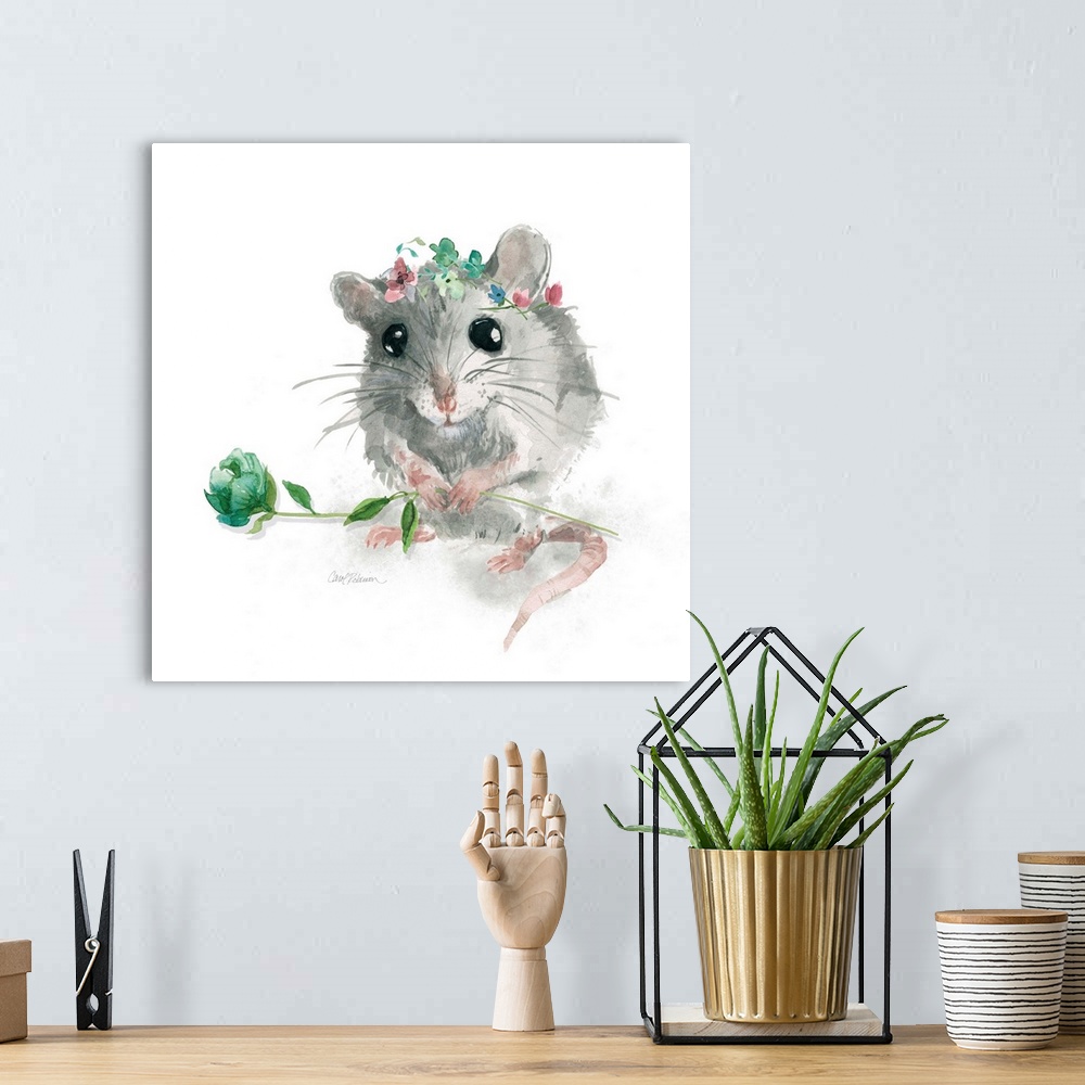 A bohemian room featuring A watercolor painting of a garden mouse wearing a flower crown and holding a long stemmed blue an...