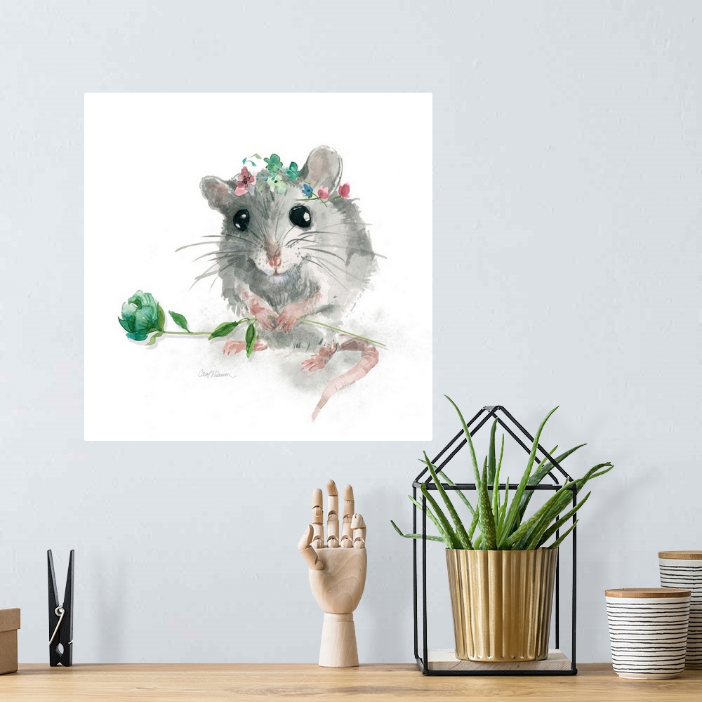 A bohemian room featuring A watercolor painting of a garden mouse wearing a flower crown and holding a long stemmed blue an...
