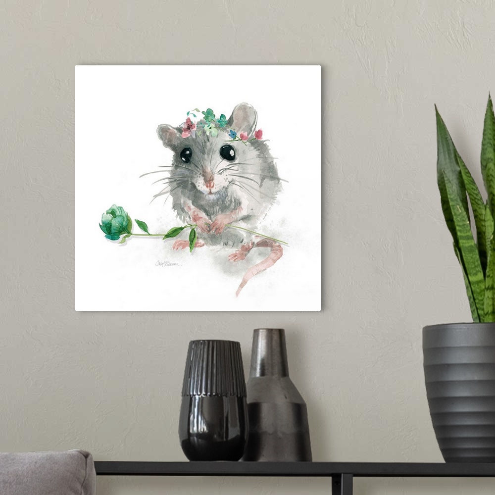 A modern room featuring A watercolor painting of a garden mouse wearing a flower crown and holding a long stemmed blue an...