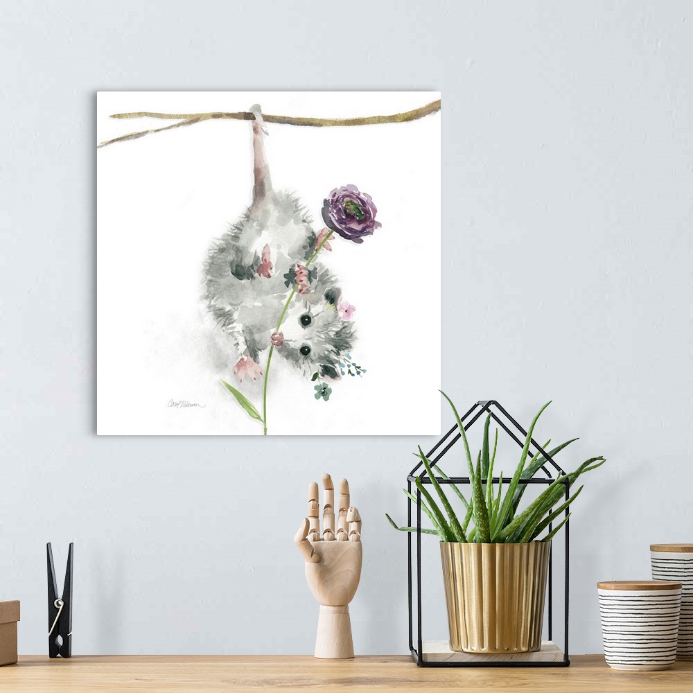 A bohemian room featuring A watercolor painting of a garden possum hanging upside down from a branch wearing a flower crown...