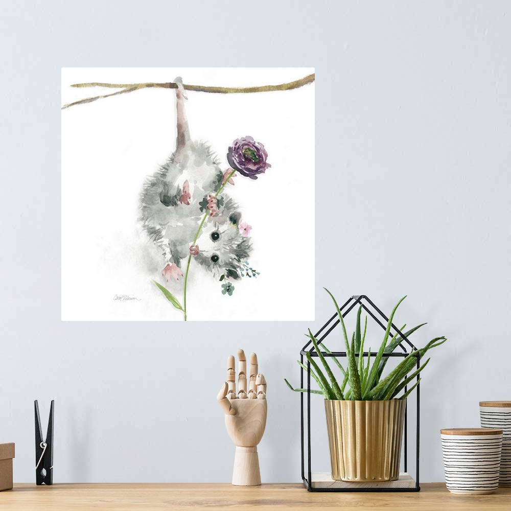 A bohemian room featuring A watercolor painting of a garden possum hanging upside down from a branch wearing a flower crown...