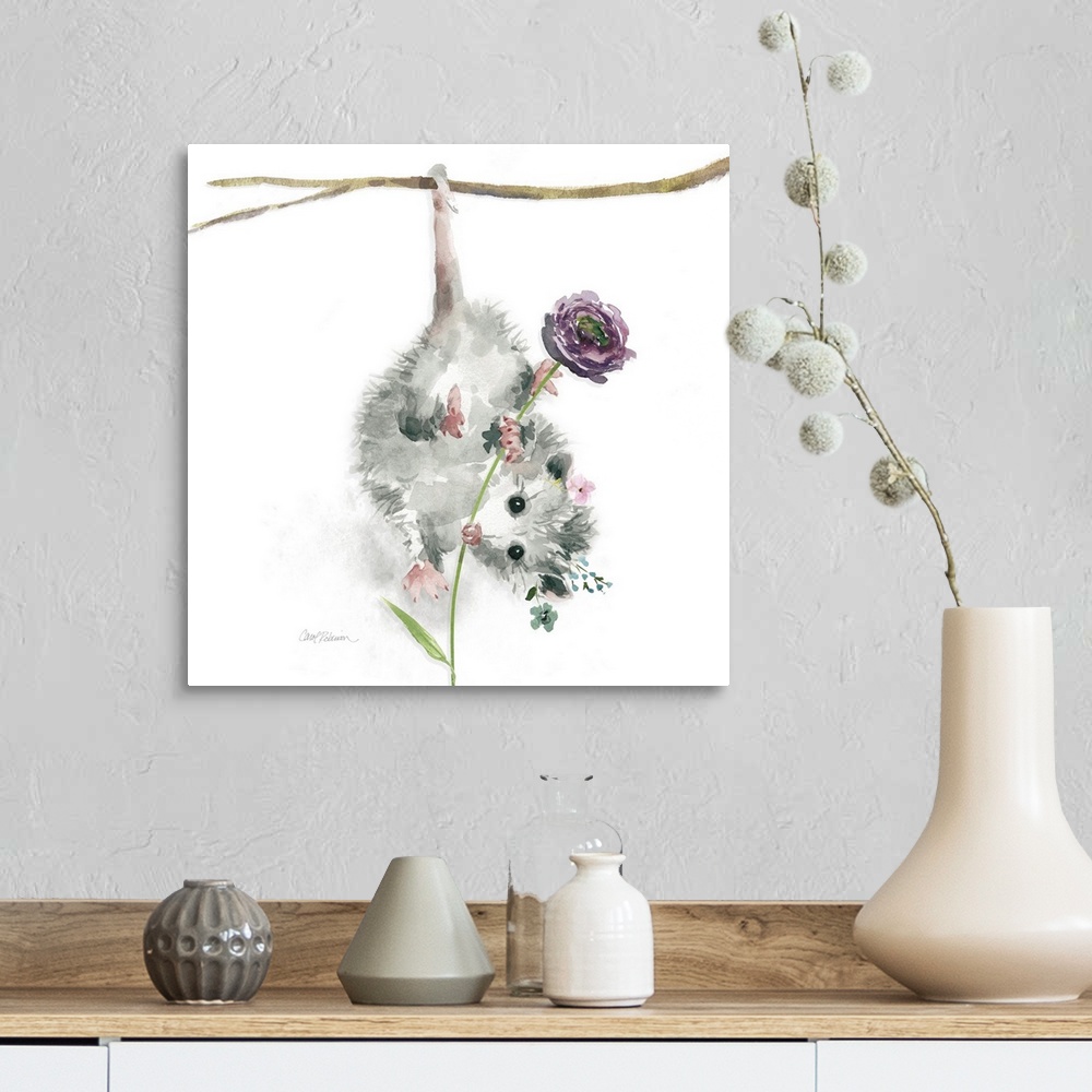 A farmhouse room featuring A watercolor painting of a garden possum hanging upside down from a branch wearing a flower crown...
