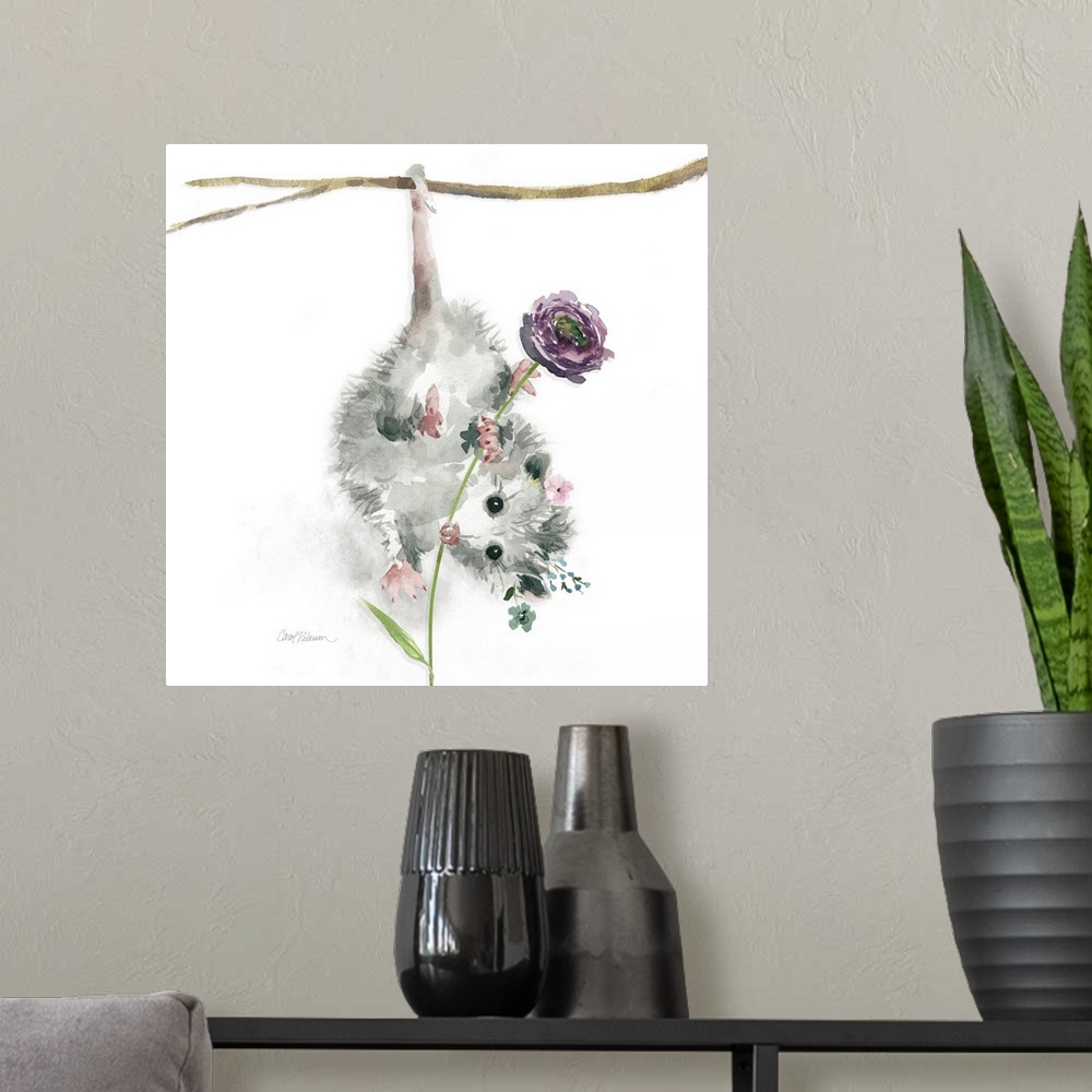 A modern room featuring A watercolor painting of a garden possum hanging upside down from a branch wearing a flower crown...