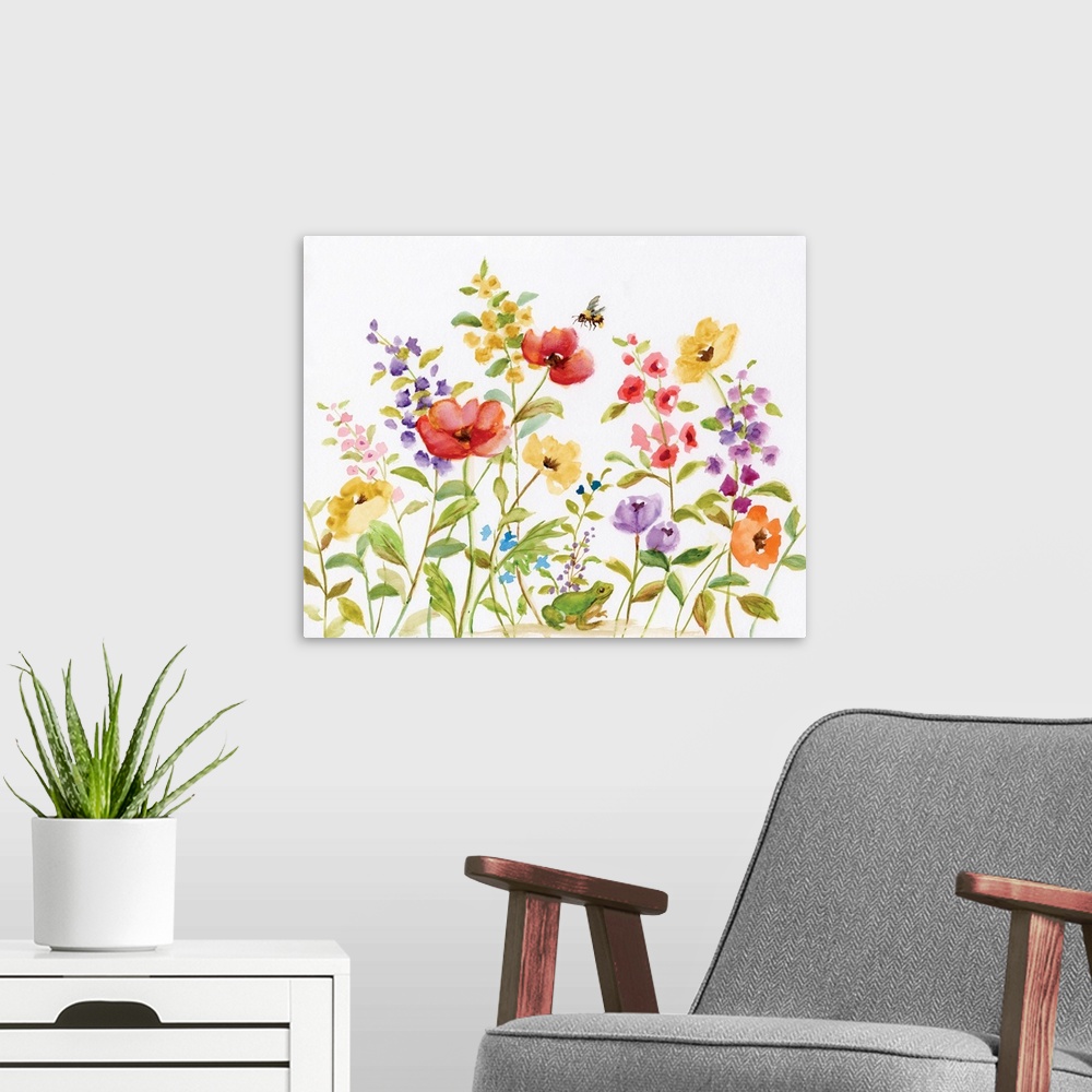 A modern room featuring A bed of watercolor flowers are accompanied by a frog and bumble bee.