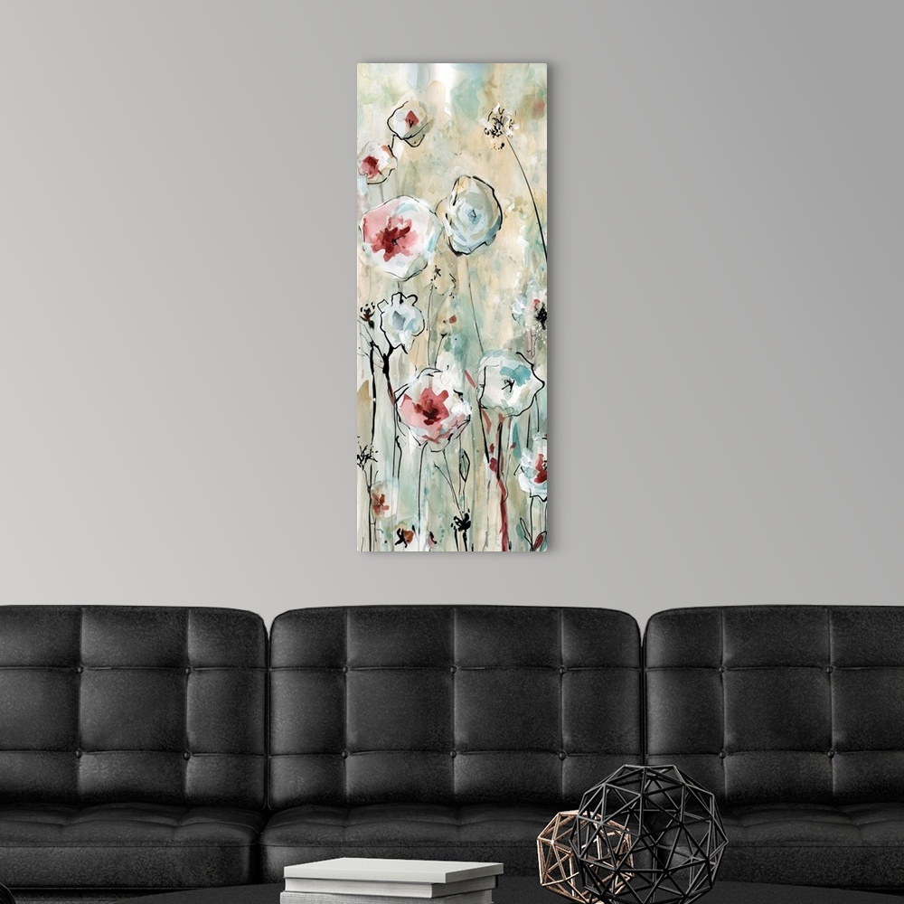 A modern room featuring Large abstract painting of flowers with tall stems in shades of blue, red, and beige.