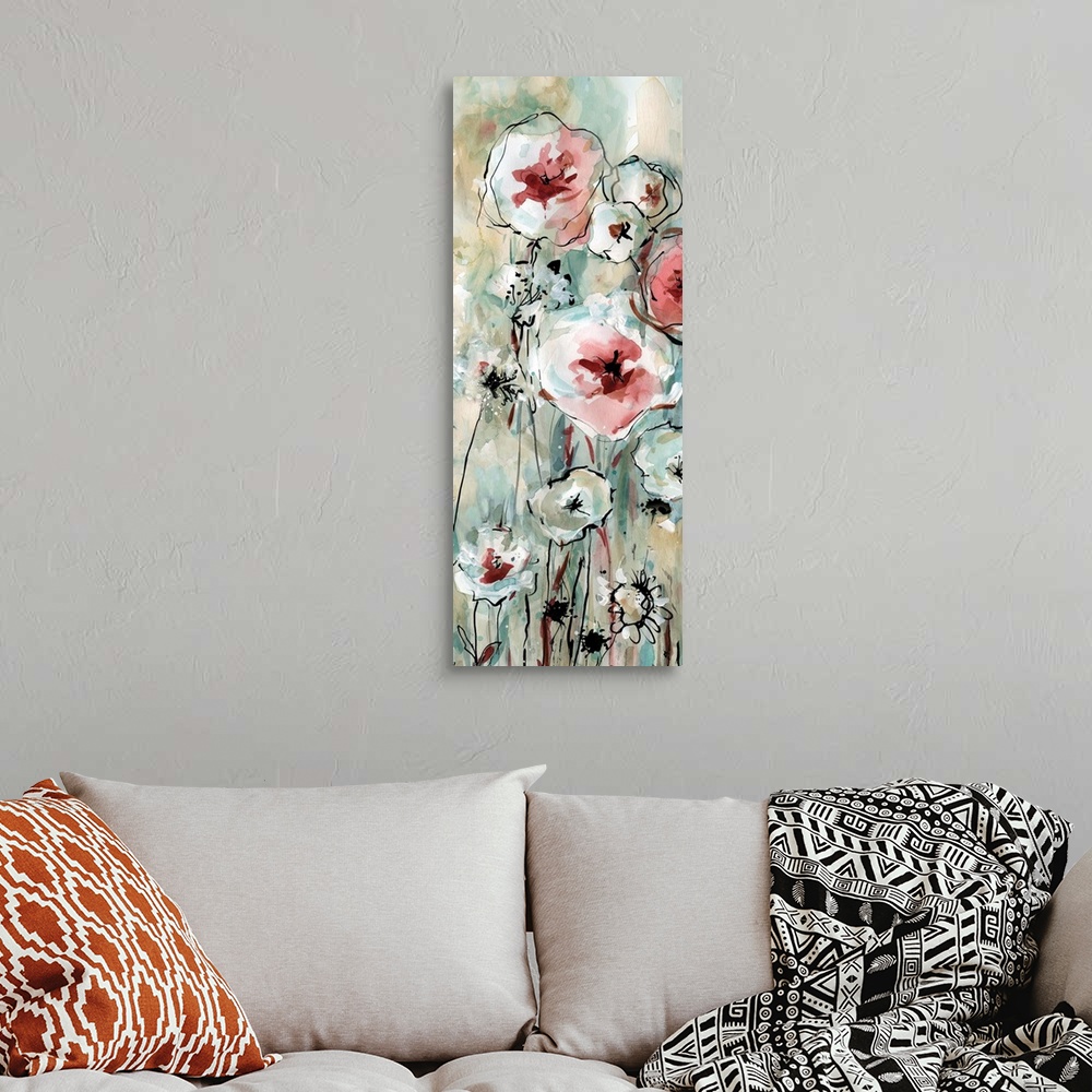 A bohemian room featuring Large abstract painting of flowers with tall stems in shades of blue, red, and beige.