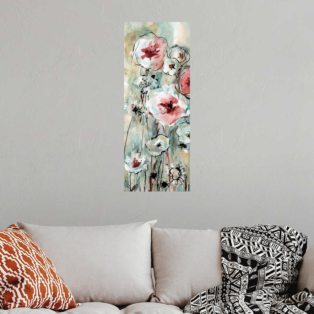 A bohemian room featuring Large abstract painting of flowers with tall stems in shades of blue, red, and beige.