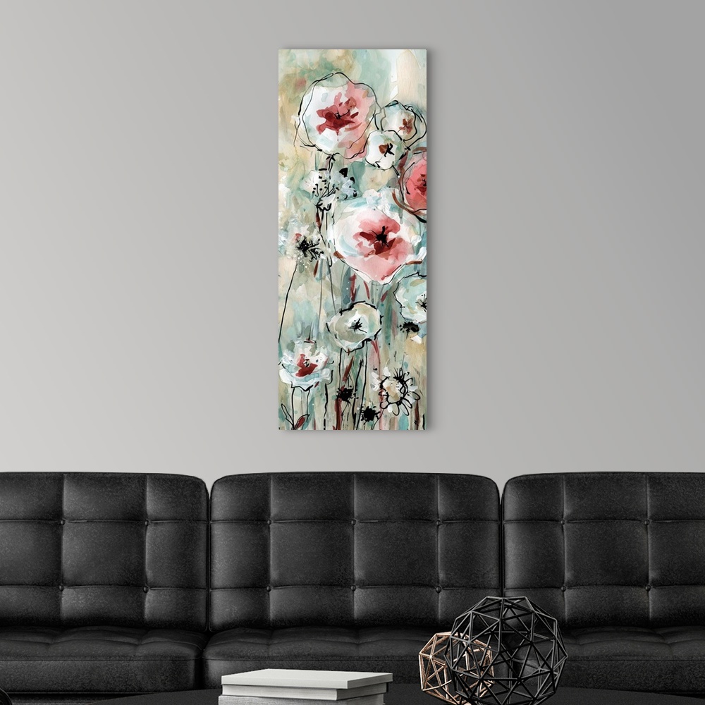 A modern room featuring Large abstract painting of flowers with tall stems in shades of blue, red, and beige.