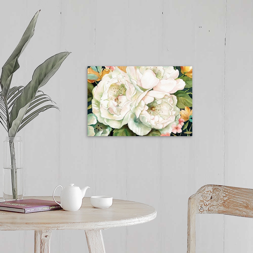 A farmhouse room featuring Decorative painting of large white flowers with small colored flowers surrounding them.