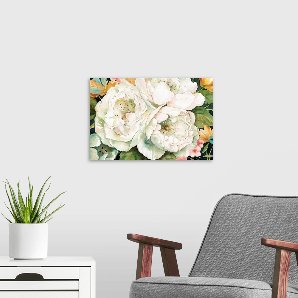 A modern room featuring Decorative painting of large white flowers with small colored flowers surrounding them.
