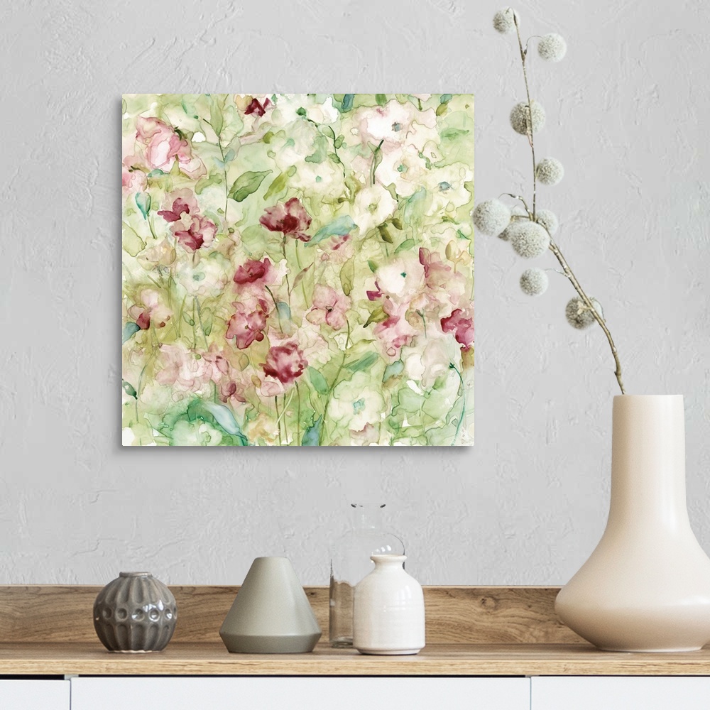 A farmhouse room featuring Decorative watercolor artwork of a group of flowers in shades of pink and green.