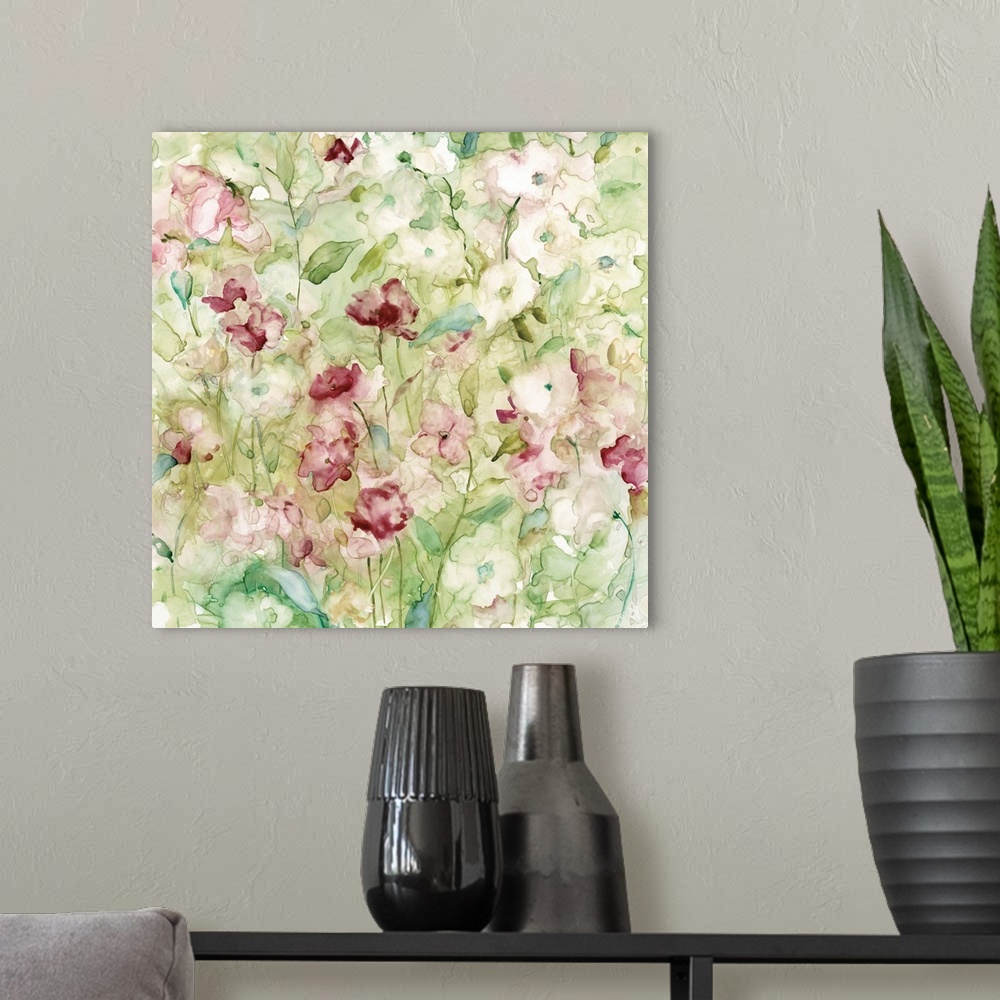 A modern room featuring Decorative watercolor artwork of a group of flowers in shades of pink and green.