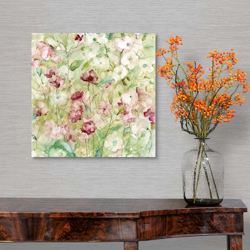A traditional room featuring Decorative watercolor artwork of a group of flowers in shades of pink and green.