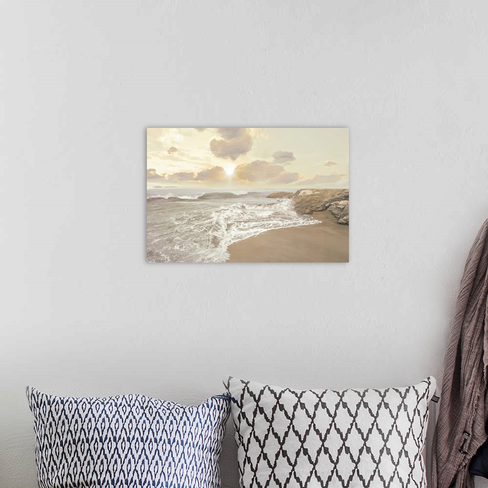 A bohemian room featuring A photo of a waves breaking against a shore with rocks, edited for a smooth effect.