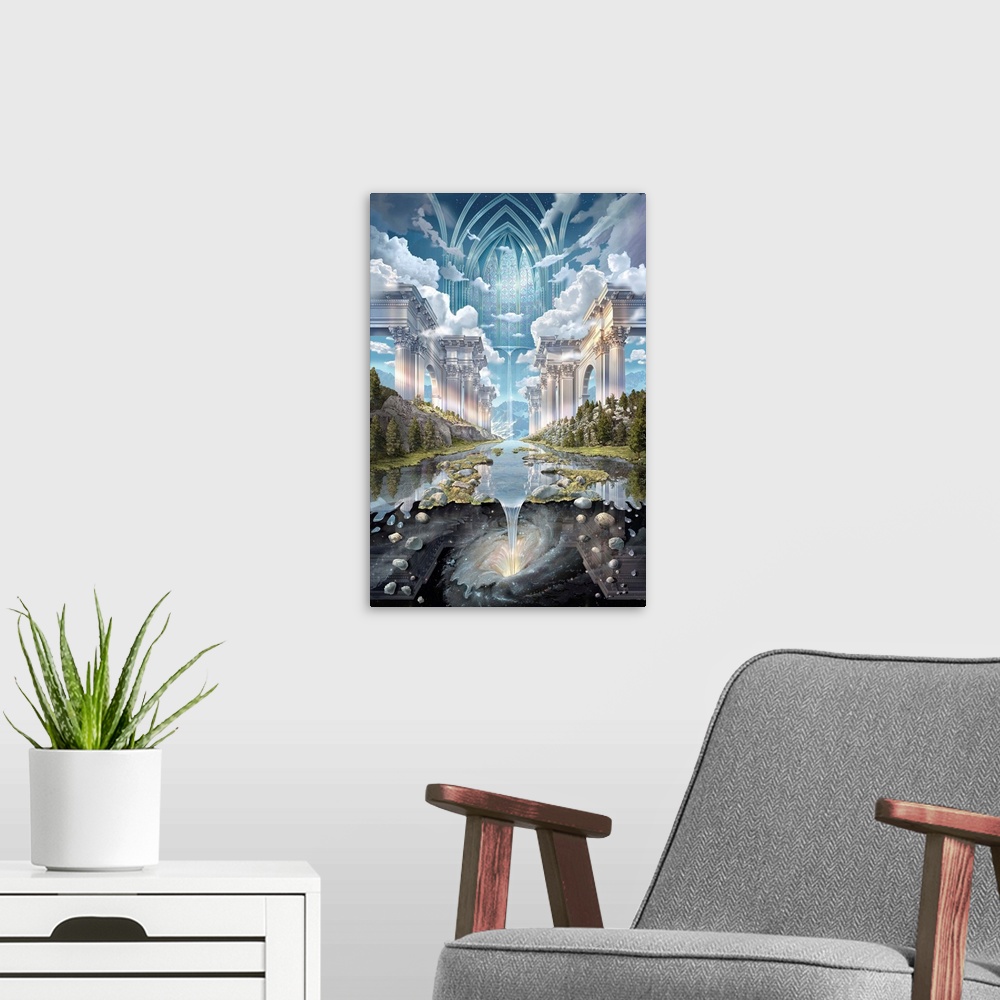A modern room featuring Surreal fantasy graphic illustration.
